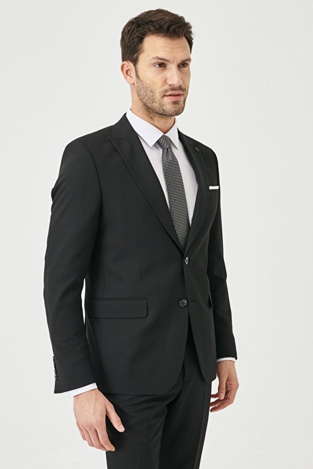 Men's Black Slim Fit Slim Fit Straight Swallow Collar Suit
