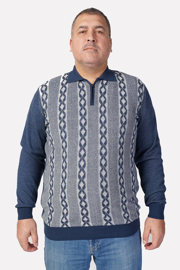 Large Size Indigo Polo Collar Zippered Cotton Men's Sweater