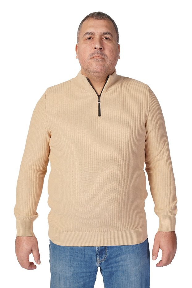 Plus Size Beige Stand Collar Zippered Cotton Men's Sweater