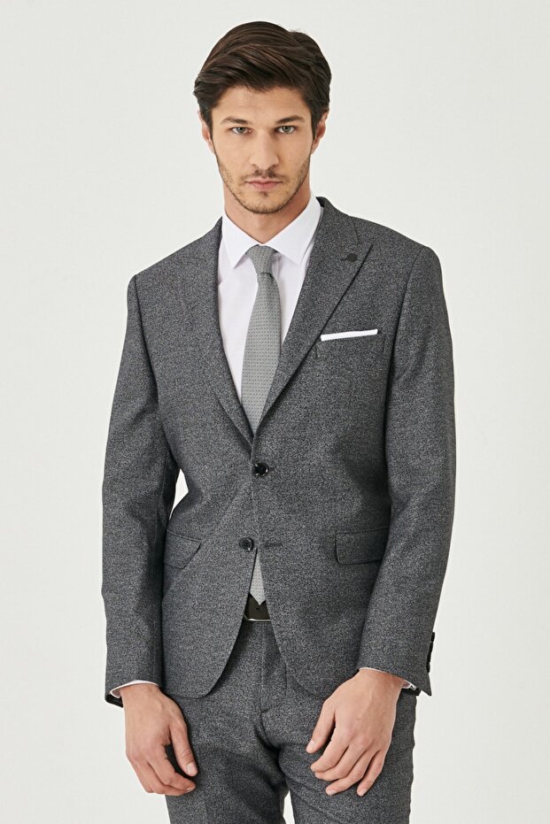 Férfi fekete-fehér Slim Fit Slim Fit mintás öltöny - 2