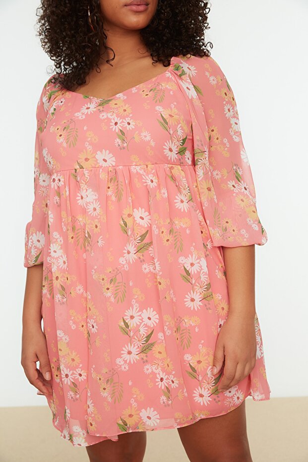 Rózsaszín virágmintás sifon szőtt ruha TBBSS22AH0134 - 4