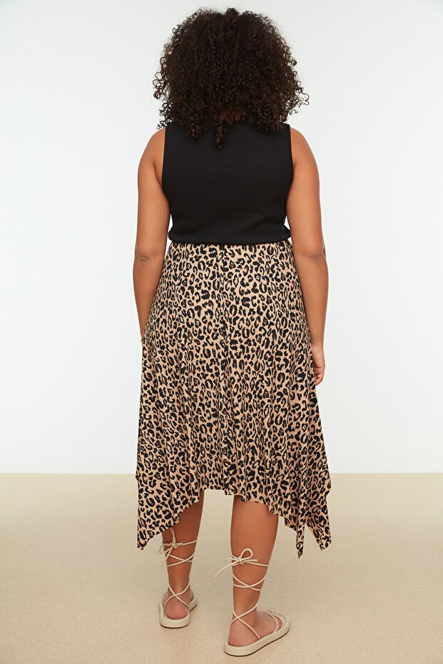 Brown Leopard Print Asymmetrical Knitted Large Size Skirt Tbbss22Et0253 - 6