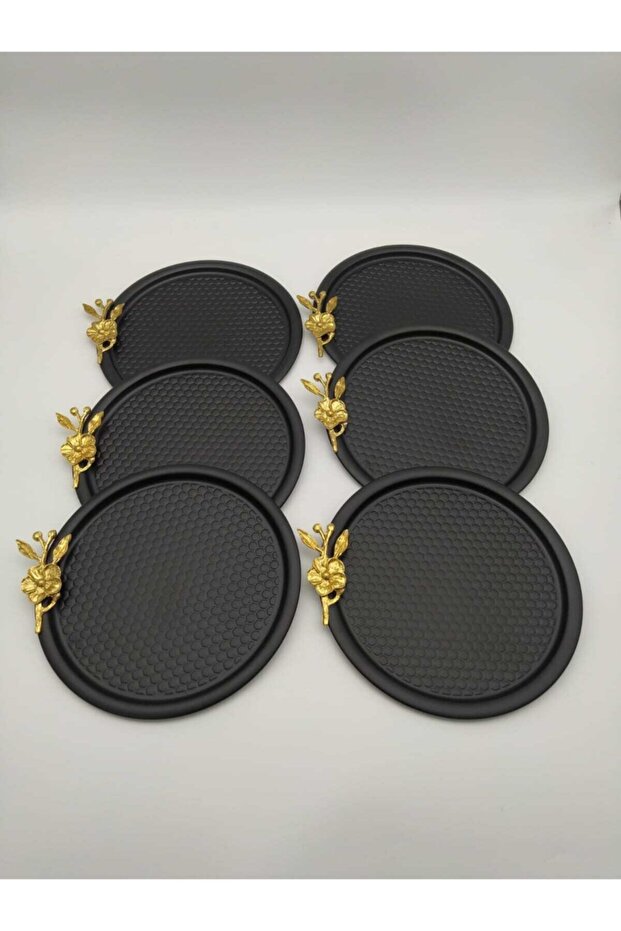 Set of 6 Black Round Patterned Gold Floral Presentation Tray, Decorative Serving Tray Tea Coffee 23 Cm