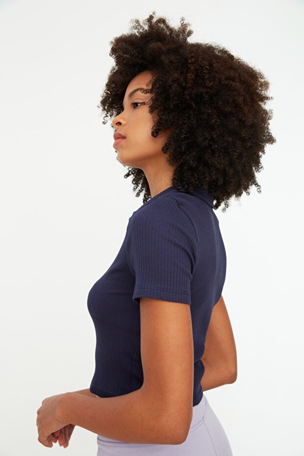 Navy Blue Fitted Crop Polo Neck Ribbed Stretchy Knitted Blouse TWOSS21BZ0038 - 2