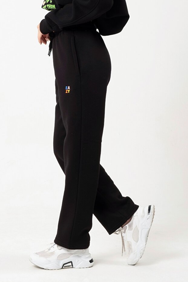 Eazy Basic Oversize Unisex Wide Leg Bol Paça Siyah Kalın Eşofman Altı - 2