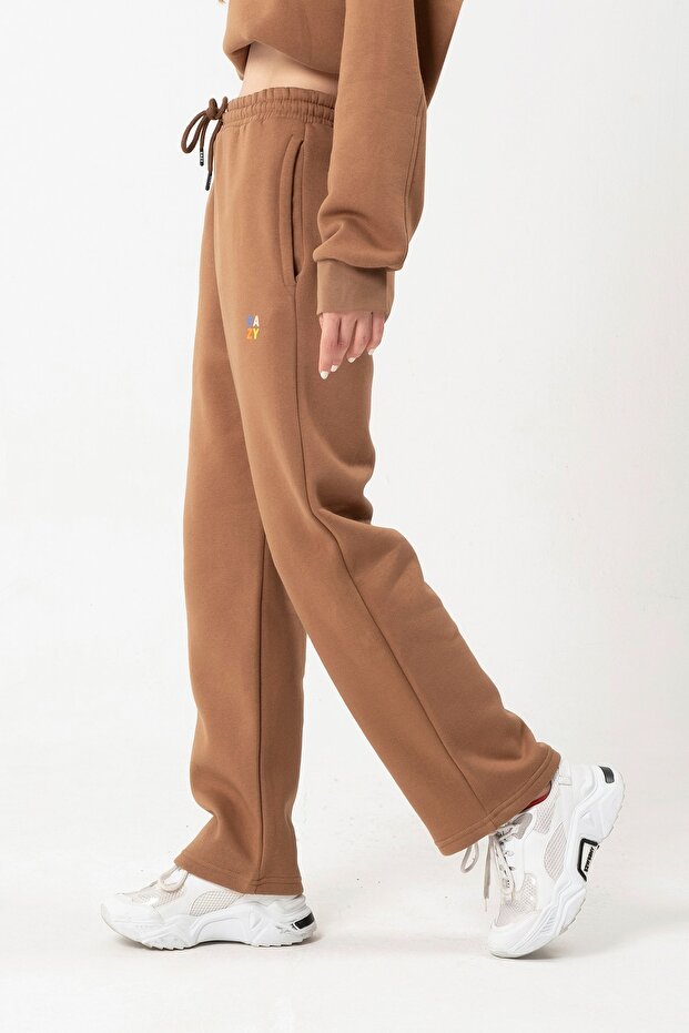 Eazy Basic Oversize Unisex Wide Leg Bol Paça Kahverengi Kalın Eşofman Altı - 2