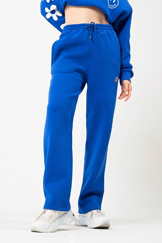 Eazy Basic Oversize Unisex Wide Leg Bol Paça Saks Mavi Kalın Eşofman Altı - 3