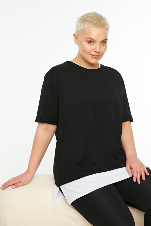 Siyah Oversize Fit Alttan T-shirt Çıkma Görünümlü %100 Pamuk Örme Büyük Beden T-Shirt TBBSS22TS0727 - 2