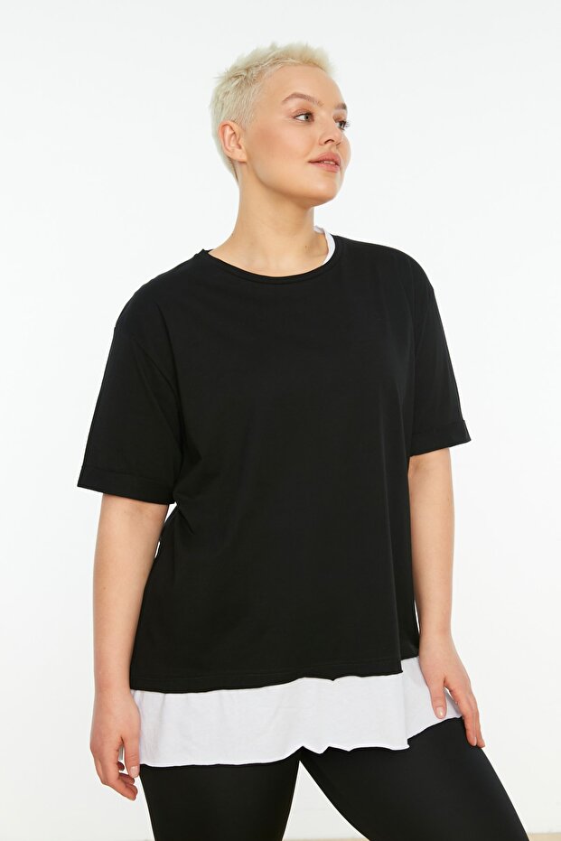 Siyah Oversize Fit Alttan T-shirt Çıkma Görünümlü %100 Pamuk Örme Büyük Beden T-Shirt TBBSS22TS0727 - 1