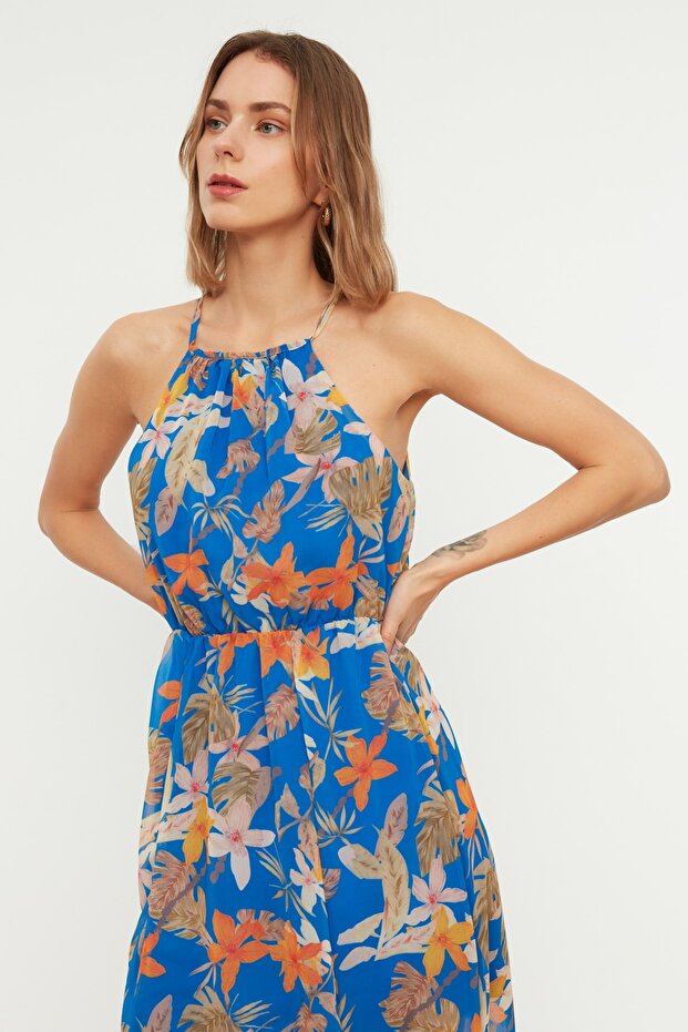 Lacivert Halter Yaka A Kesim Yırtmaçlı Astarlı Maxi Şifon Dokuma Elbise TWOSS20EL1297 - 3