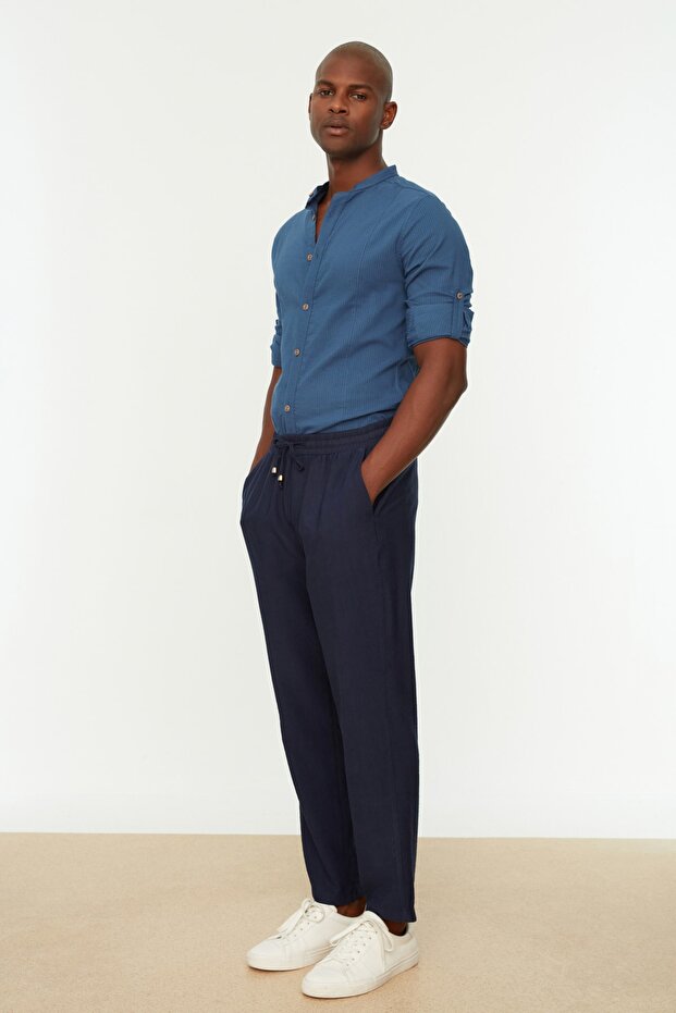 Lacivert Tapered Lastikli Beli Bağlamalı Keten Görünümlü Pantolon TMNSS20PL0547 - 7