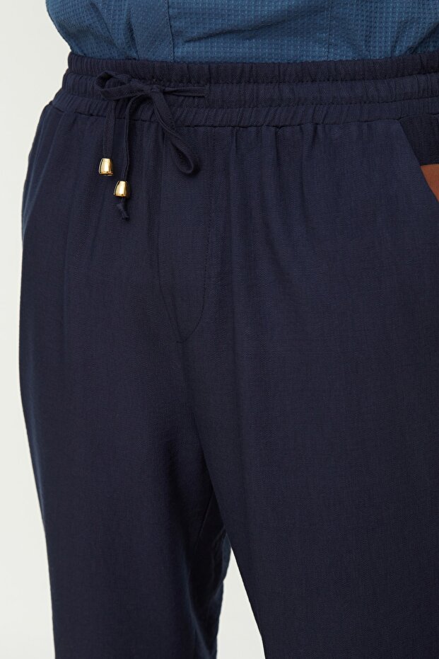 Lacivert Tapered Lastikli Beli Bağlamalı Keten Görünümlü Pantolon TMNSS20PL0547 - 10