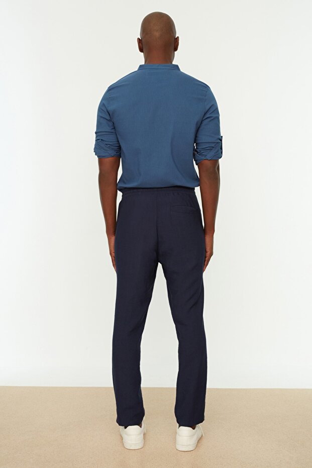 Lacivert Tapered Lastikli Beli Bağlamalı Keten Görünümlü Pantolon TMNSS20PL0547 - 11