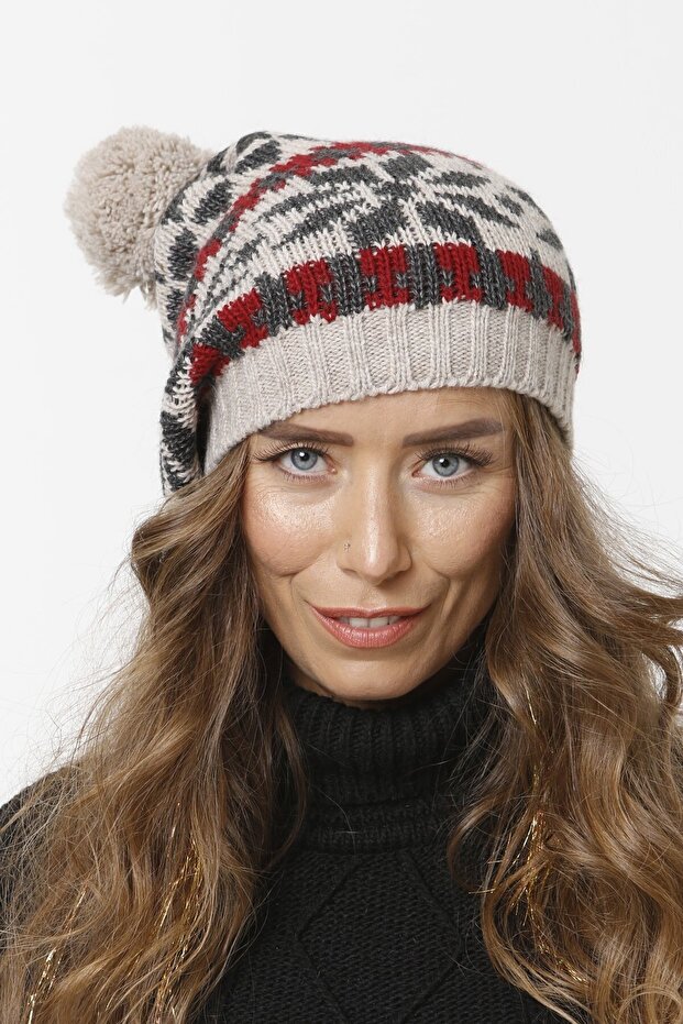 67 Jacquard Pompom Knitwear Knitted Beret - Stone