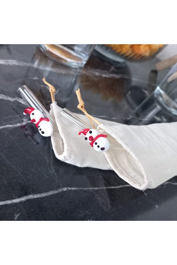 Set of 2 Glass Straws with Penguin and Snowman Figures