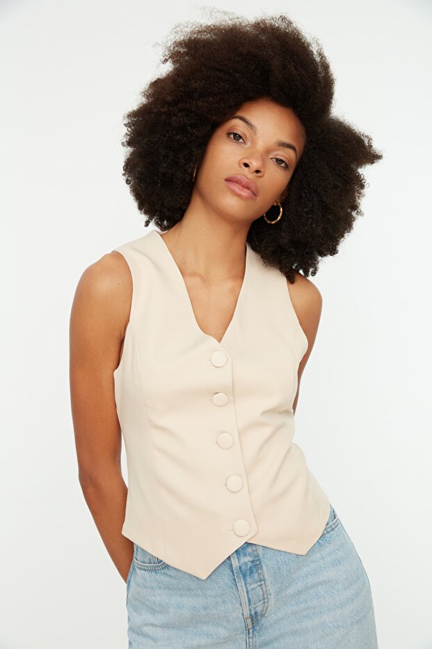 Stone Fitted Buttoned Crop Woven Vest Twoss21Ye0009 - 2