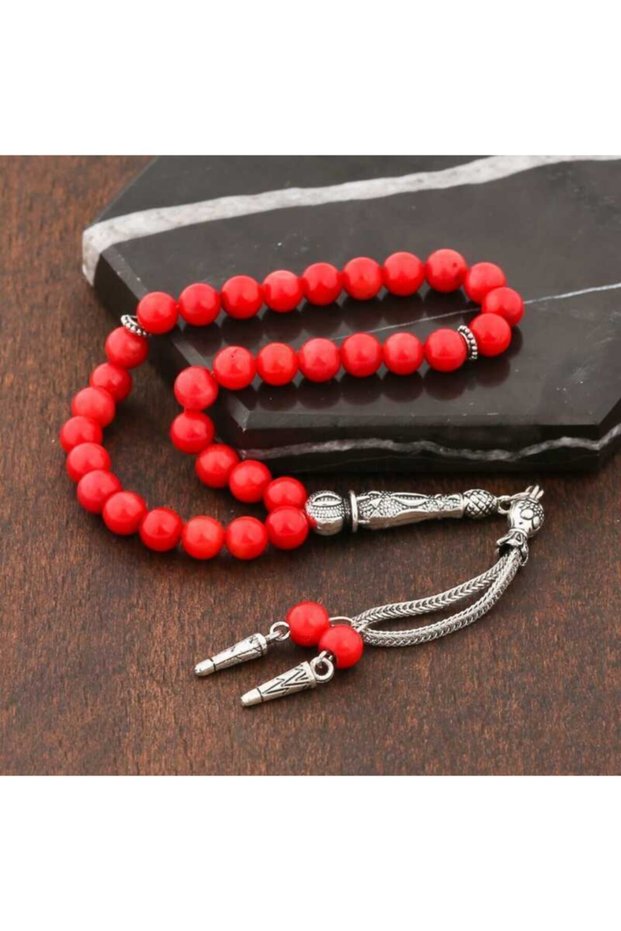 Red Coral Embellished Prayer Beads with Metal Tasseled - 2
