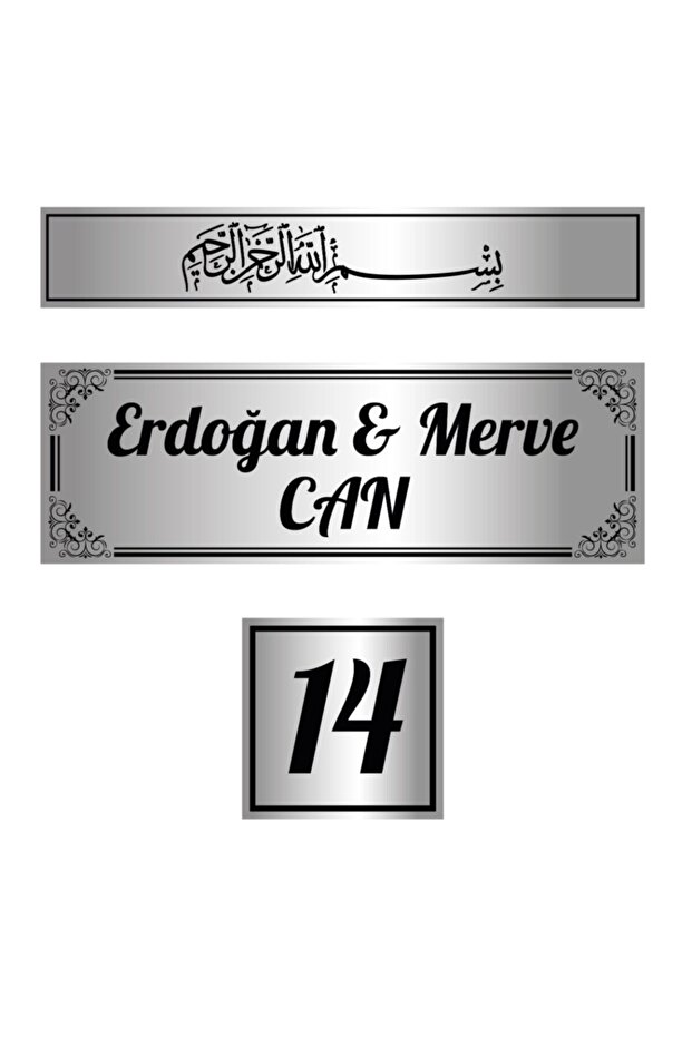 Metal 3'lü Set Kapı Isimliği, Besmele, Kapı Numarası Gümüş Kapı Isimlik - 1