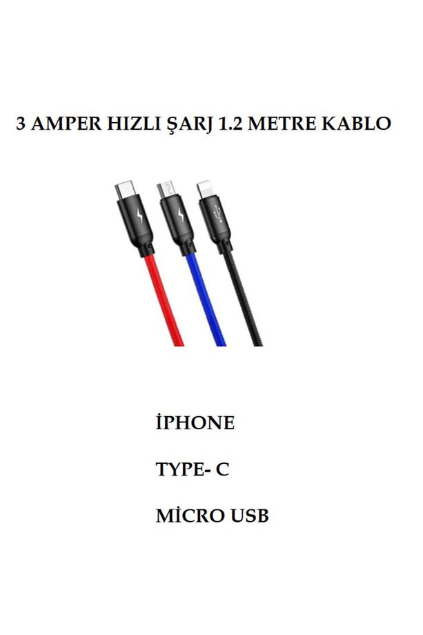 3 In 1 Type C Iphone Micro Usb 3'lü Şarj Kablosu 3 Amper 1.2 m Hasır Çoklu Şarj Kablosu - 4