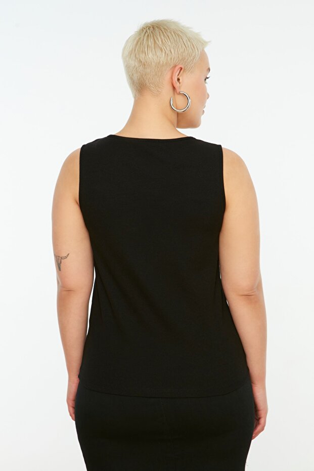Siyah-Beyaz Basic Fitilli 2'li Paket Kare Yaka Pamuklu Örme Büyük Beden Atlet TBBSS22AL0024 - 7