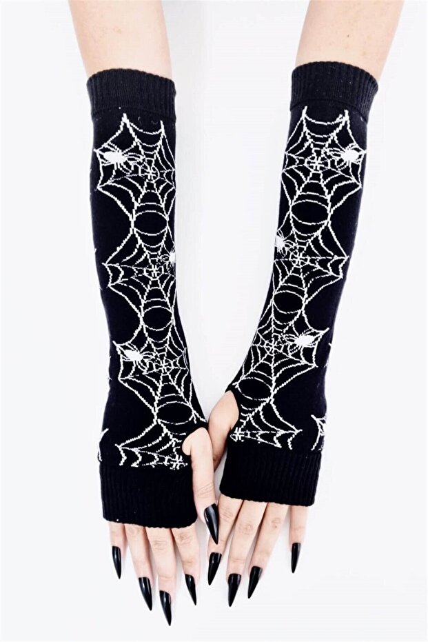Plain Black Cut-Finger Spider Web Design Sleeve