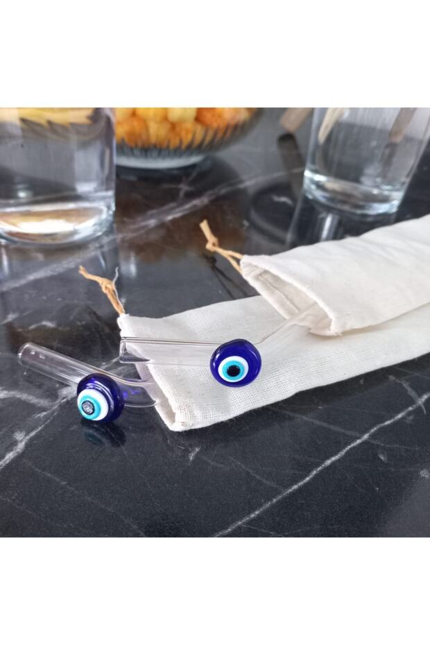 Blue and Orange Evil Eye Beaded Figured Glass Straw Set of 2