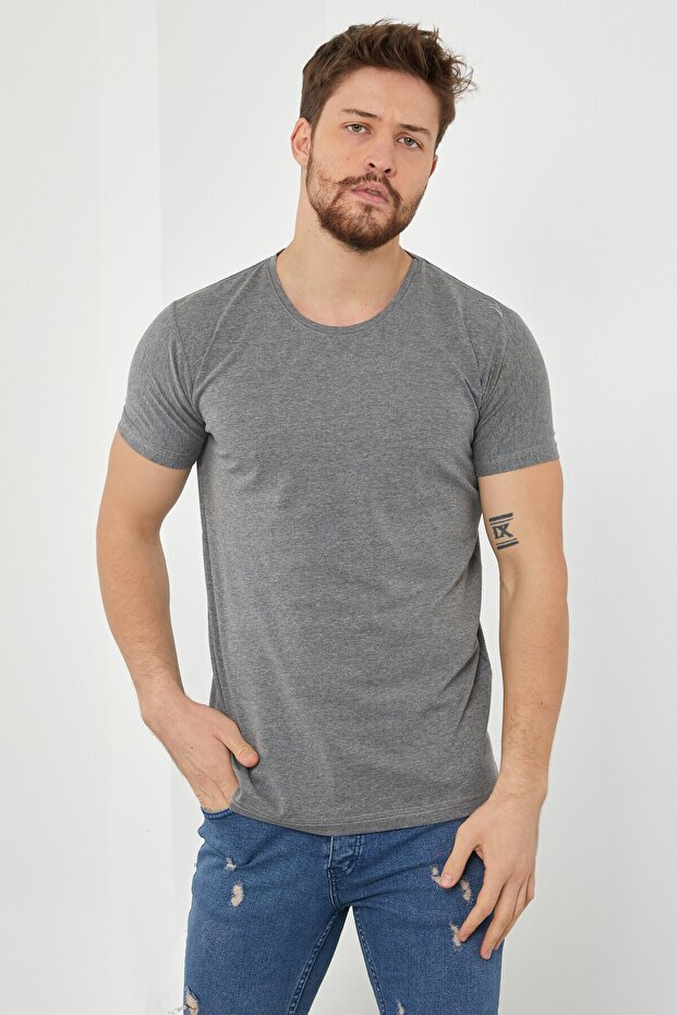 Smoked Basic Men's Slim Fit 100% Cotton Short Sleeve Crew Neck T-shirt
