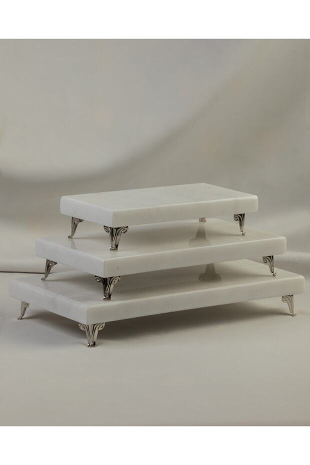 Marble Presentation Holder Silver Set of 3 Cake Presentation, Metal Profile Leg