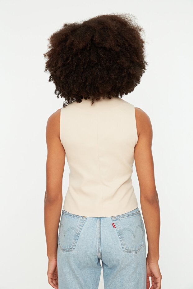 Stone Fitted Buttoned Crop Woven Vest Twoss21Ye0009 - 5