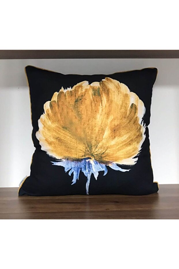 E75 Black Floor Mustard Flower Edges Piping Double Sided Digital Printed Throw Pillow Cover