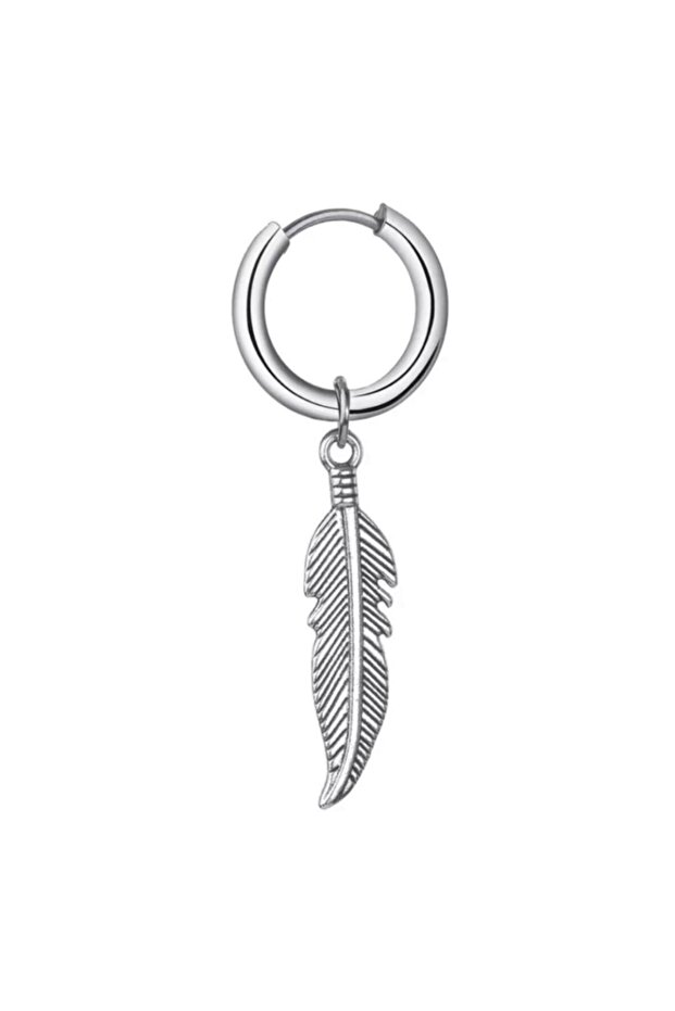 Unisex Silver Surgical Steel Feather Figured Hoop Earrings 1 Piece