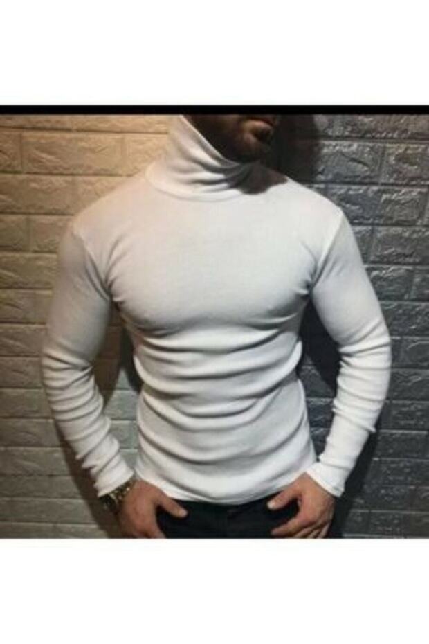 Men's White Slim Fit Lycra Turtleneck Turtleneck Sweater By-01
