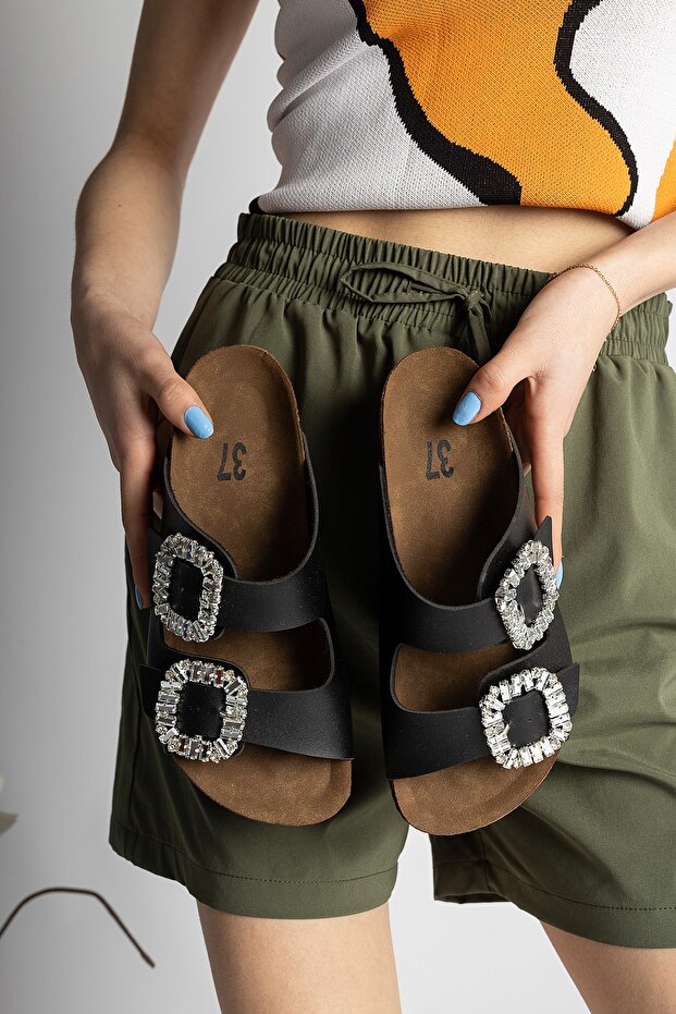 Kadın Terlik Siyah Taşlı - 2