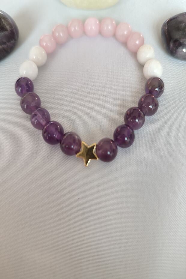 Certified Moon Stone, Amethyst, Pink Quartz Natural Stone Bracelet