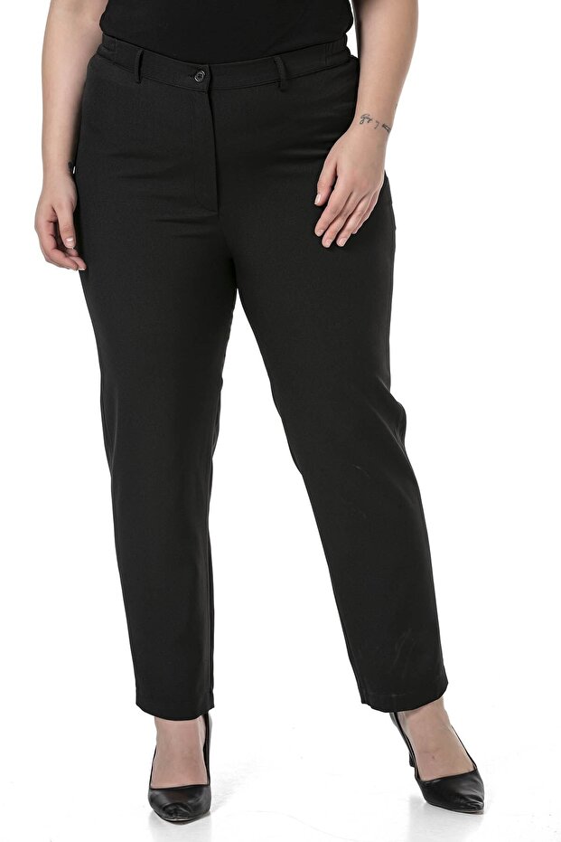 Plus Size Black Trousers with Elastic Waist and Side Zipper and Slits on the Leg