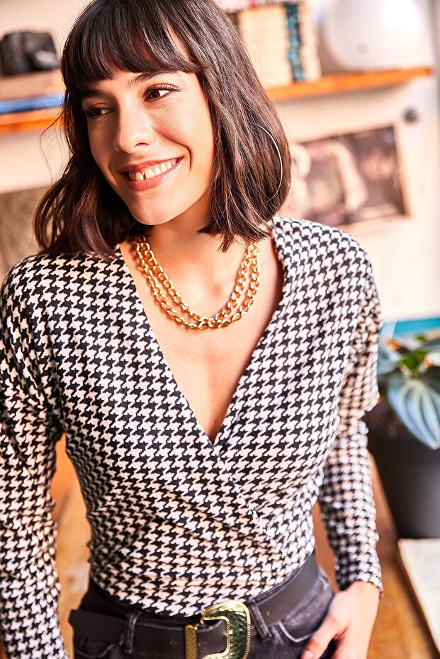 Women's Black Houndstooth Soft Textured Double Breasted Body Suit with Snap Fasteners BDY-00000035