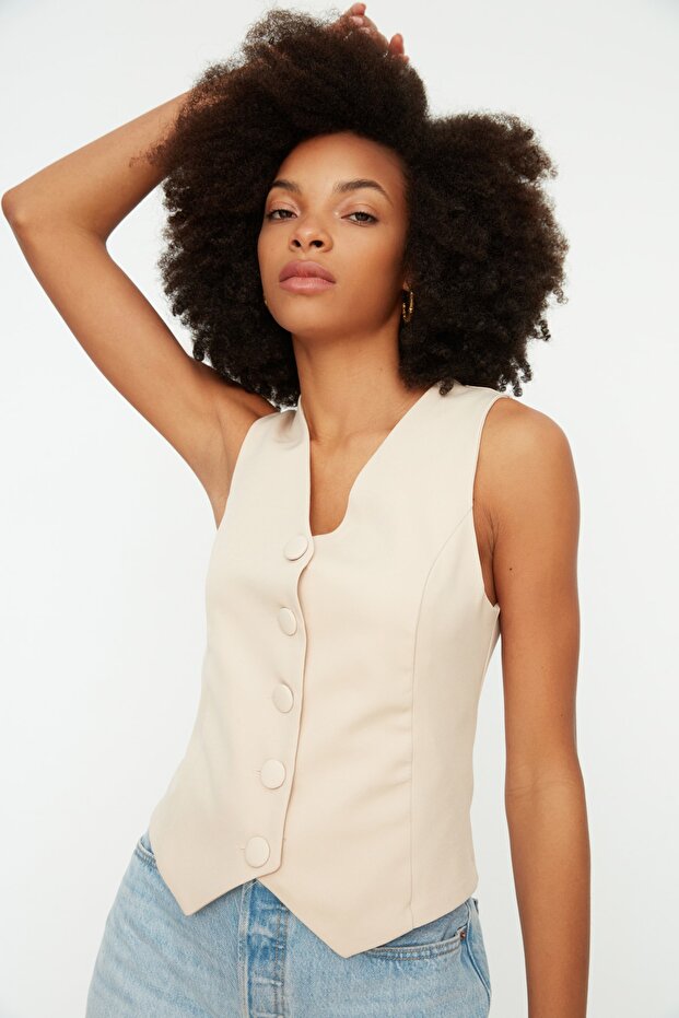 Stone Fitted Buttoned Crop Woven Vest Twoss21Ye0009 - 3