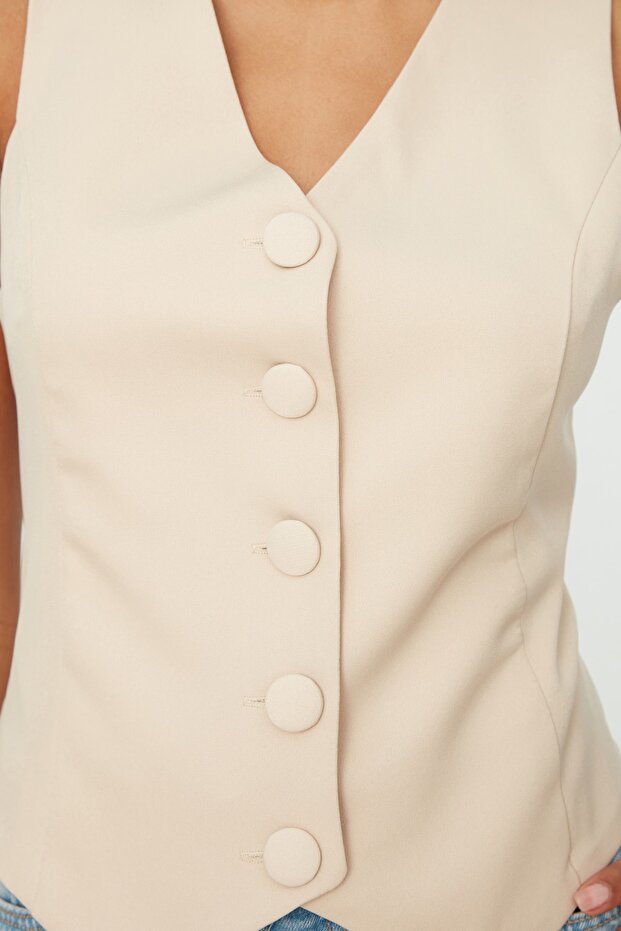 Stone Fitted Buttoned Crop Woven Vest Twoss21Ye0009 - 4