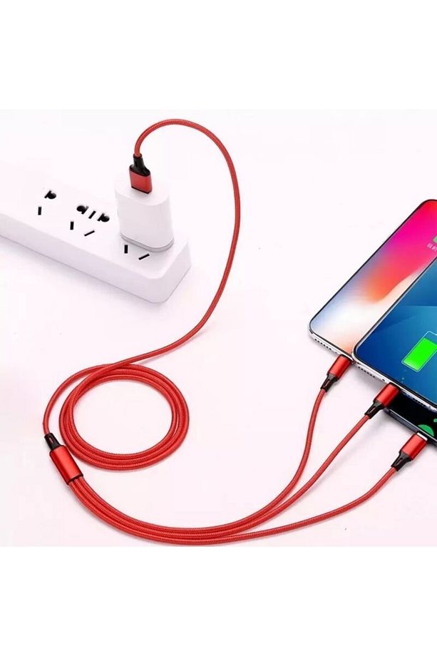 3 In 1 Type C Iphone Micro Usb 3'lü Şarj Kablosu 3 Amper 1.2 m Hasır Çoklu Şarj Kablosu - 1