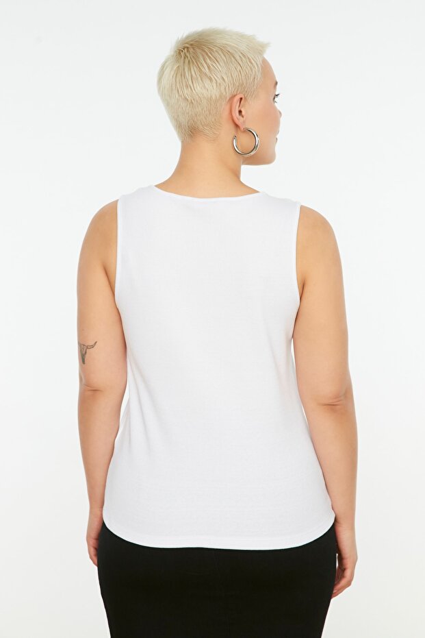 Siyah-Beyaz Basic Fitilli 2'li Paket Kare Yaka Pamuklu Örme Büyük Beden Atlet TBBSS22AL0024 - 6