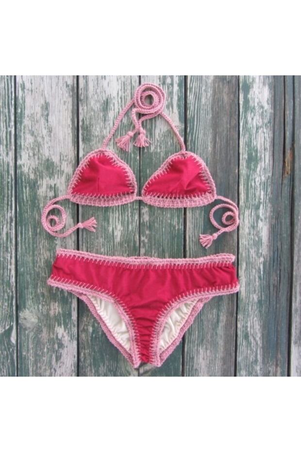 Süet Tığ Örgü Bikini Takımı Astarlı Kırmızı - 3