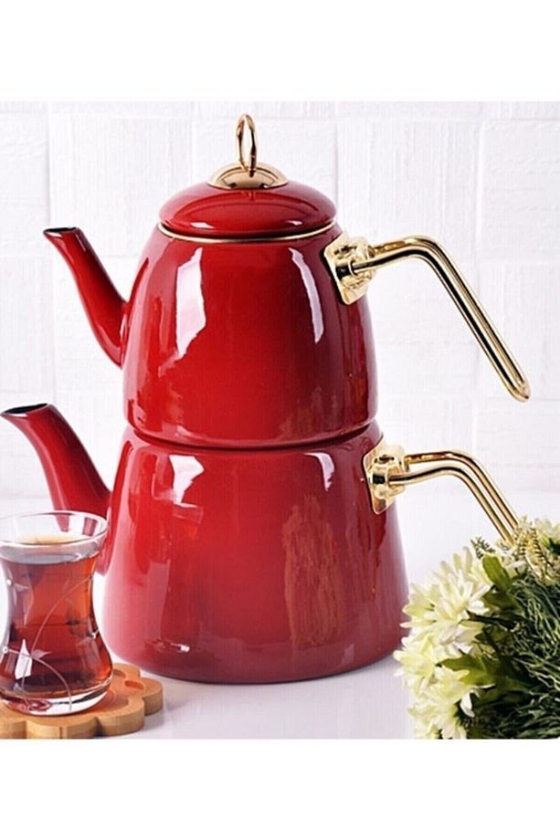 Elite Emaye Çaydanlık Kırmızı 200463 Red Retro Gassal Demlik Anneler Günü Çay Keyfi - 1