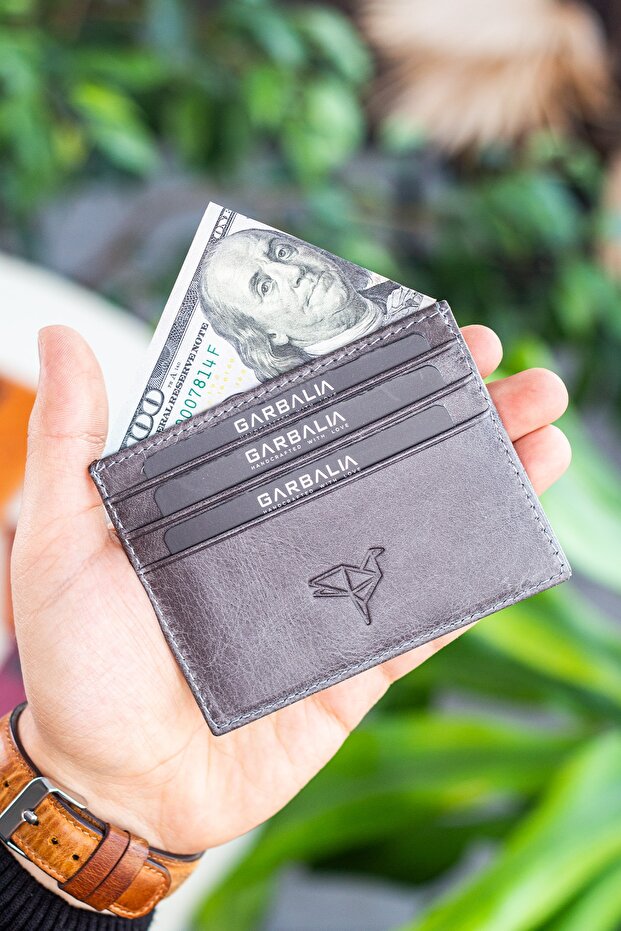 Unisex Gray Medallion Crazy Leather Slim Card Holder Wallet