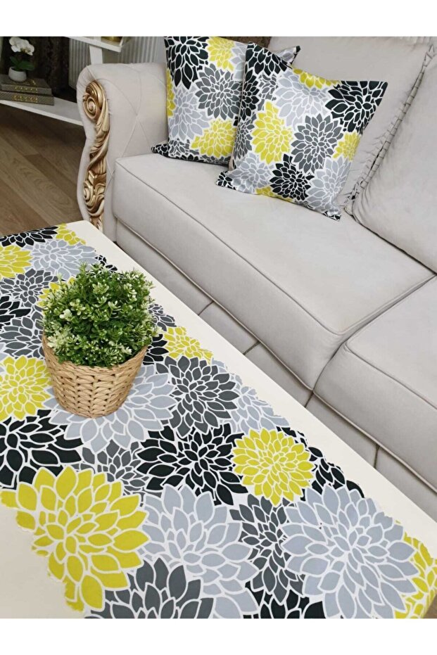Çiçek Motif Dekoratif 3 Lü Kırlent & Runner Set - 1