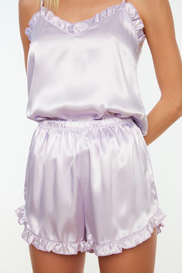 Lila Fırfırlı İp Askılı Saten Şortlu Dokuma Pijama Takımı THMSS22PT0274 - 5