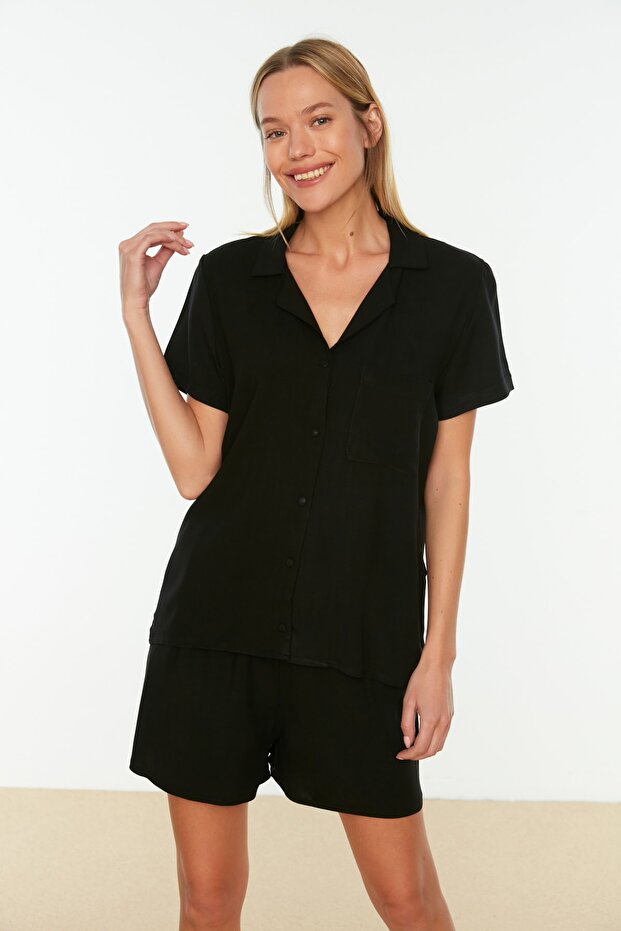 Siyah Viskon Şortlu Dokuma Pijama Takımı THMSS19PT0004 - 1