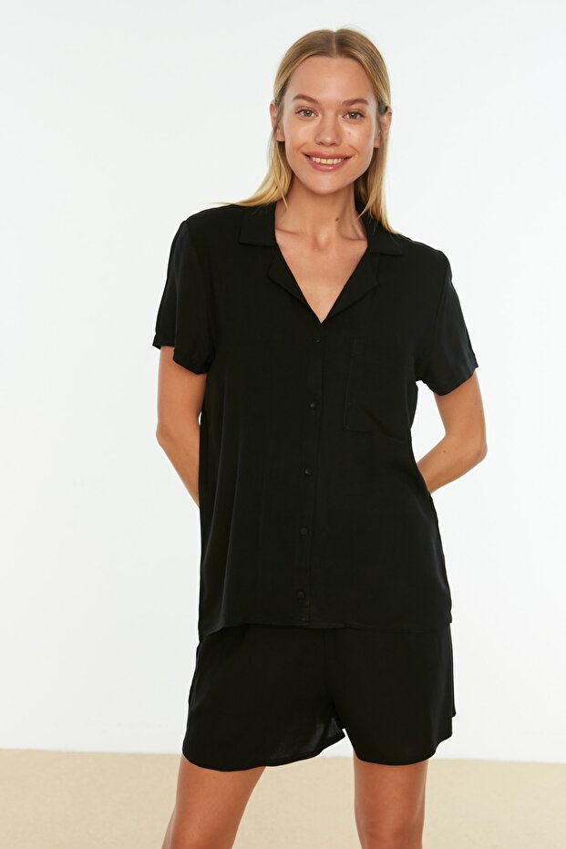 Siyah Viskon Şortlu Dokuma Pijama Takımı THMSS19PT0004 - 2