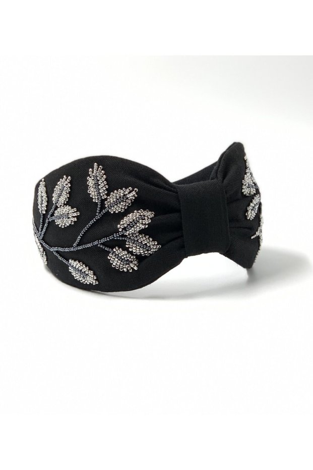 Leafy Branch Stone and Bead Embroidered Black Crown Yd01