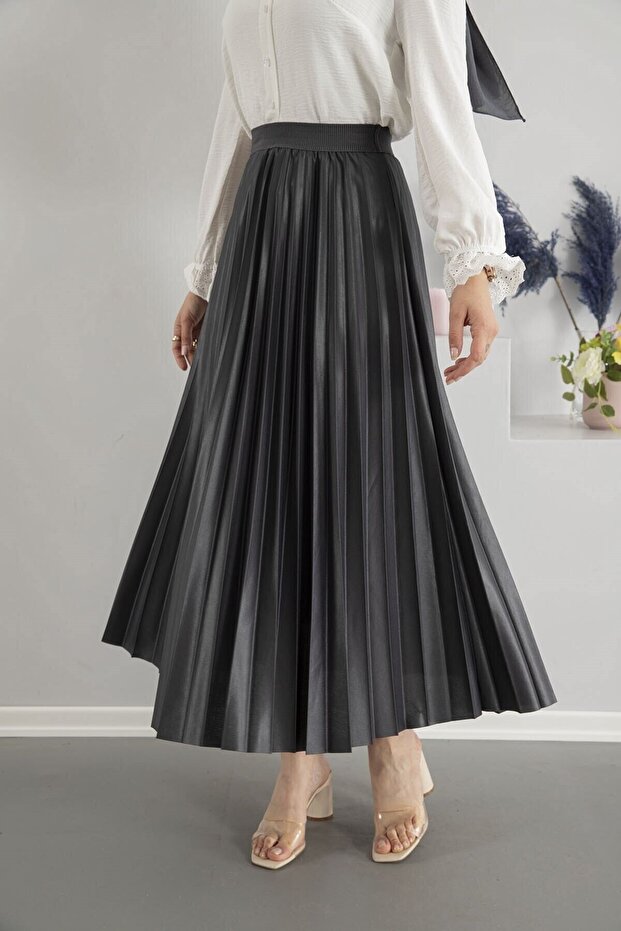 Deri Görünümlü Piliseli Etek Antrasit - 3