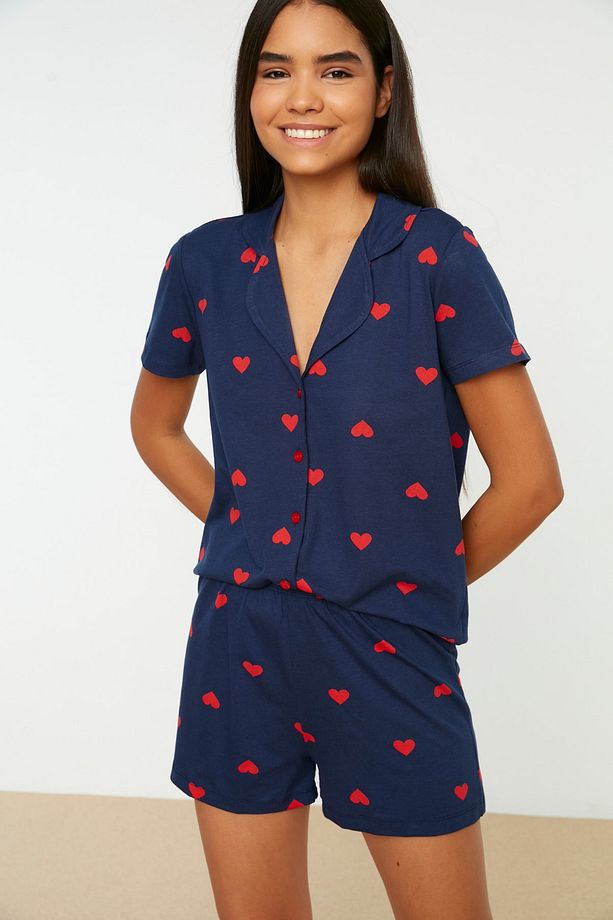 Lacivert %100 Pamuklu Kalpli Şortlu Örme Pijama Takımı THMSS21PT0756 - 2